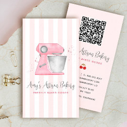 Blush Pink Bakery Mixer Stripes Pattern QR Code Business Card
