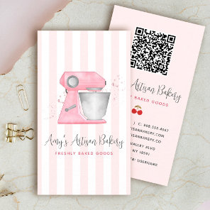 Blush Pink Bakery Mixer Stripes Pattern QR Code Business Card
