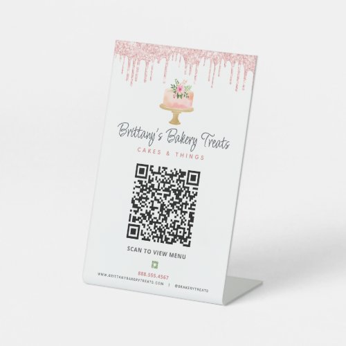 Blush Pink Bakery QR Code Scan Menu Cake Glitter Pedestal Sign
