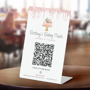 Blush Pink Bakery QR Code Scan Menu Cake Glitter Pedestal Sign
