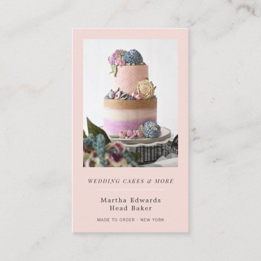 Customizable Blush pink bakery rustic wedding cake photography business card