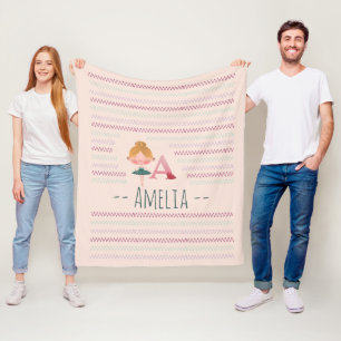 Blush Pink Ballerina "A" Monogram Name Fleece Blanket