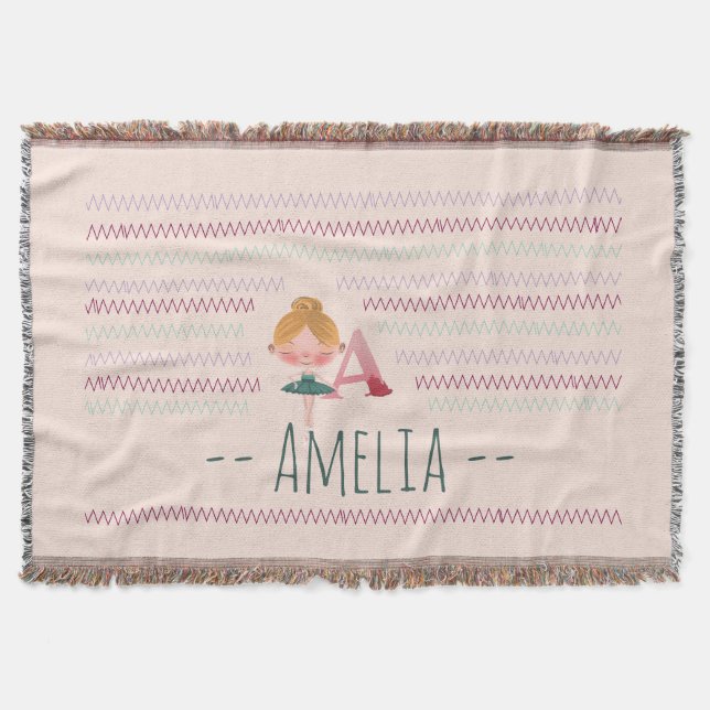Blush Pink Ballerina "A" Monogram Name Throw Blanket (Front)