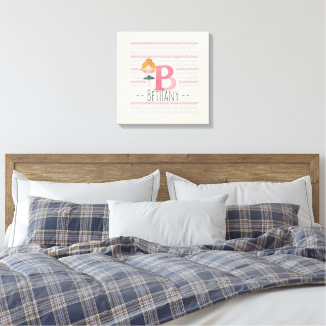 Blush Pink Ballerina Monogram B – Personalized Art Canvas Print (Insitu(Bedroom))