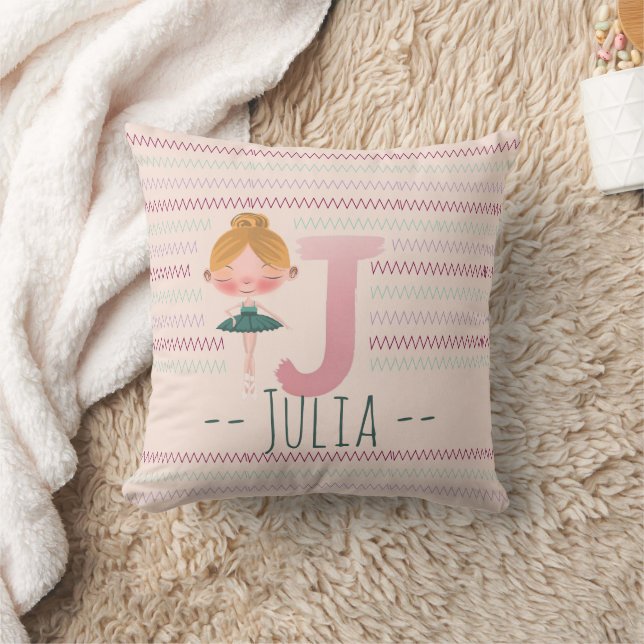 Blush Pink Ballerina Monogram J – Personalized Art Throw Pillow (Blanket)