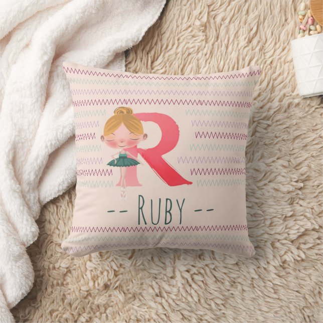Blush Pink Ballerina Monogram R – Personalized Art Throw Pillow (Blanket)