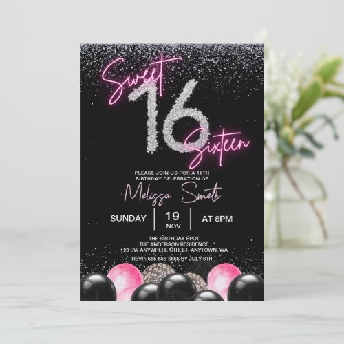 Blush Pink Balloon Diamonds Sweet 16 Sixteen Birth Invitation