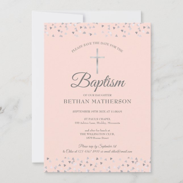 Blush Pink Baptism Christening Silver Hearts Save The Date (Front)