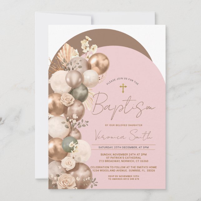 Blush Pink Baptism  Girl Balloon Invitation (Front)