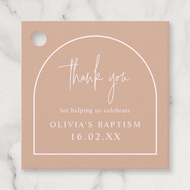 Blush Pink Baptism Minimal Arch Thank You Custom Favor Tags (Front)