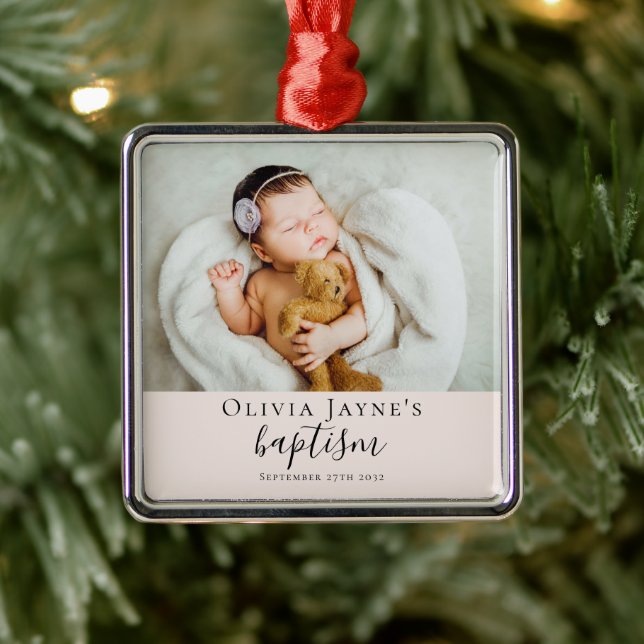 Blush Pink Baptism Photo Keepsake Metal Ornament (Tree)