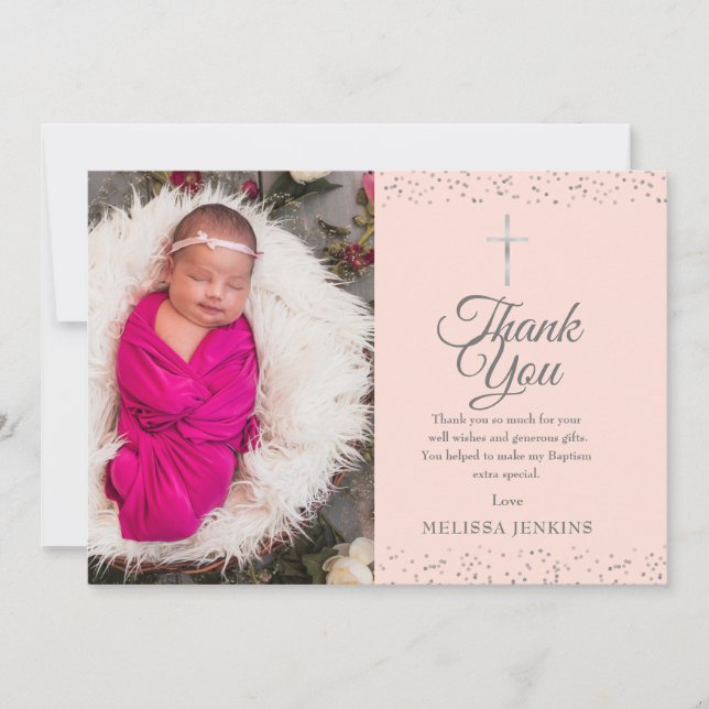 Blush Pink Baptism Photo Silver Thank You (Front)