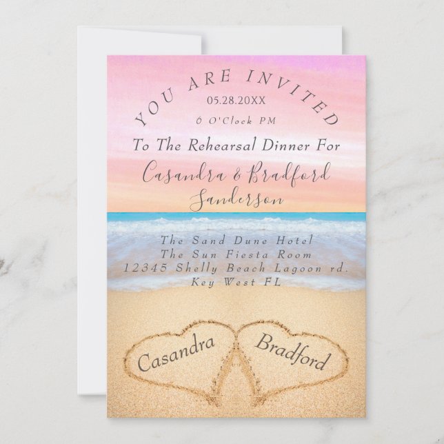 Blush Pink  Beach  2 Hearts Sand Rehearsal Dinner Invitation (Front)