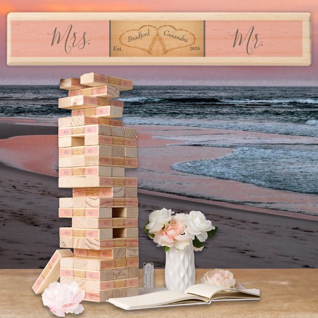 Blush Pink Beach Wedding 2 Heart Sand Monogram Topple Tower (Creator Uploaded)