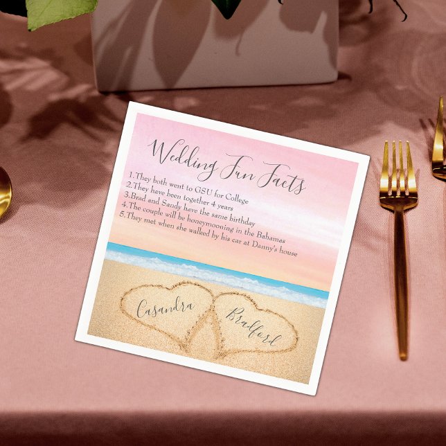 Blush Pink Beach Wedding 2 Hearts Sand Fun Facts Napkins (Creator Uploaded)