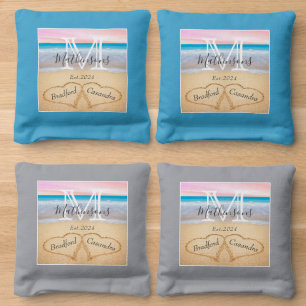 Blush Pink Beach Wedding Heart in Sand monogram Cornhole Bags