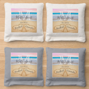 Blush Pink Beach Wedding Heart in Sand monogram Cornhole Bags