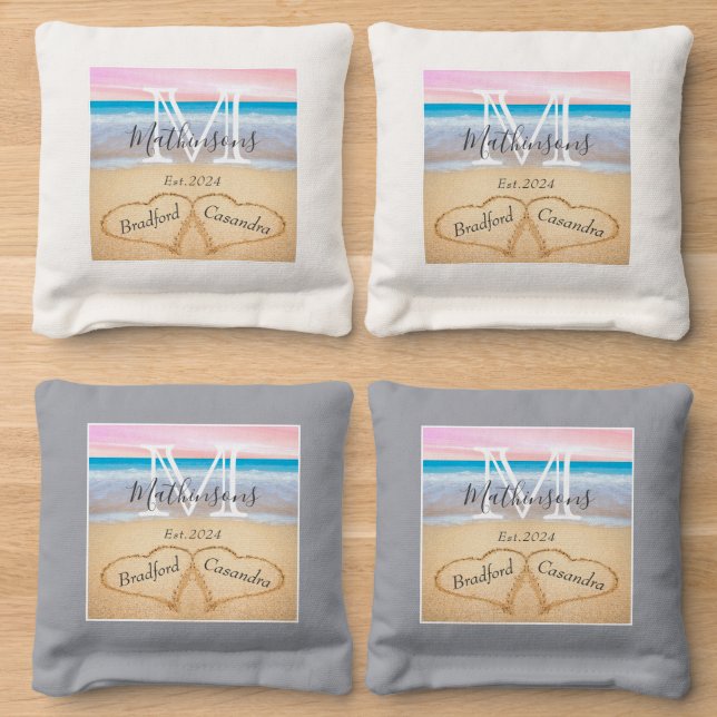  Blush Pink  Beach Wedding Heart in Sand monogram Cornhole Bags (Wood)