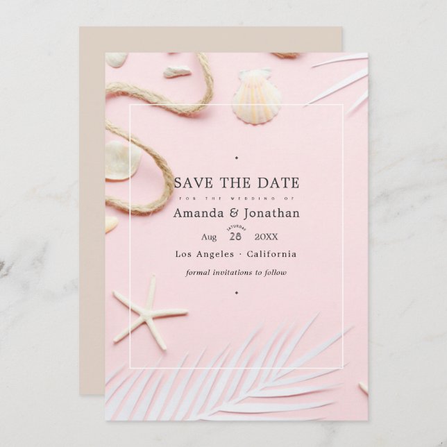 Blush Pink Beach Wedding Photo Save The Date (Front/Back)