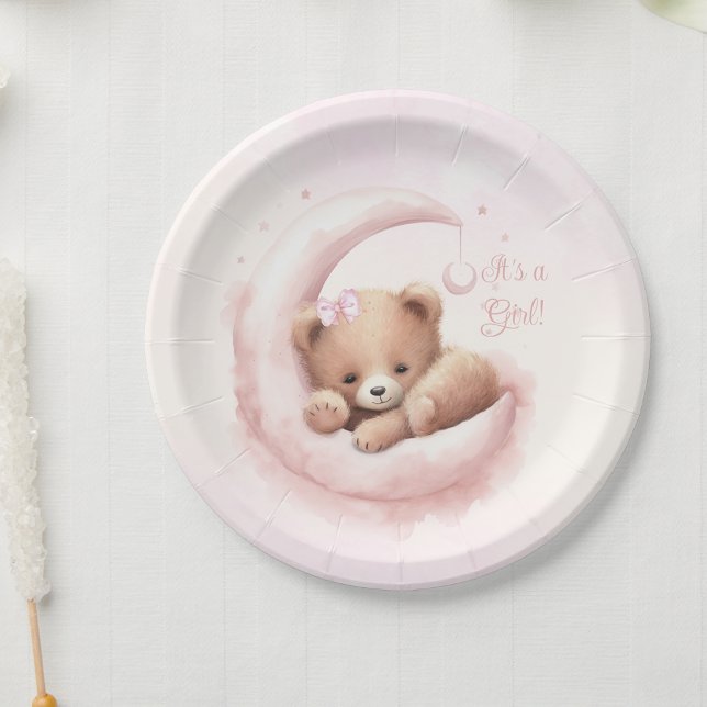 Blush Pink Bear Girl Baby Shower Paper Plates (Personalize with your text.)