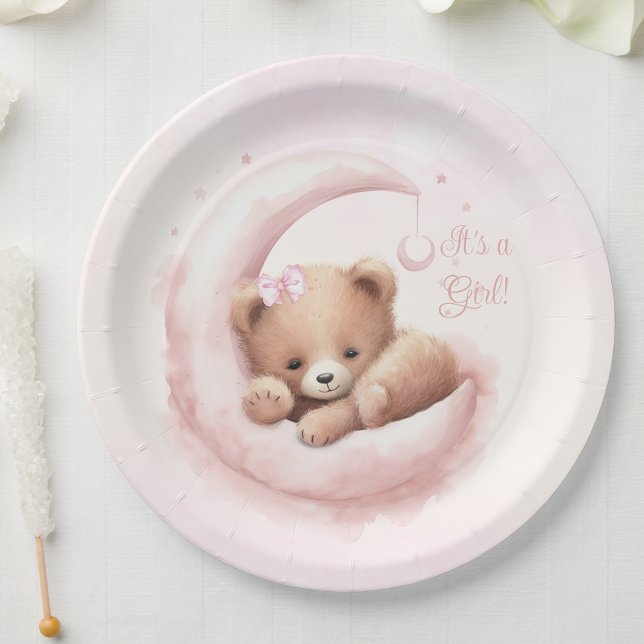 Blush Pink Bear Girl Baby Shower Paper Plates (You can personalize with your text.)