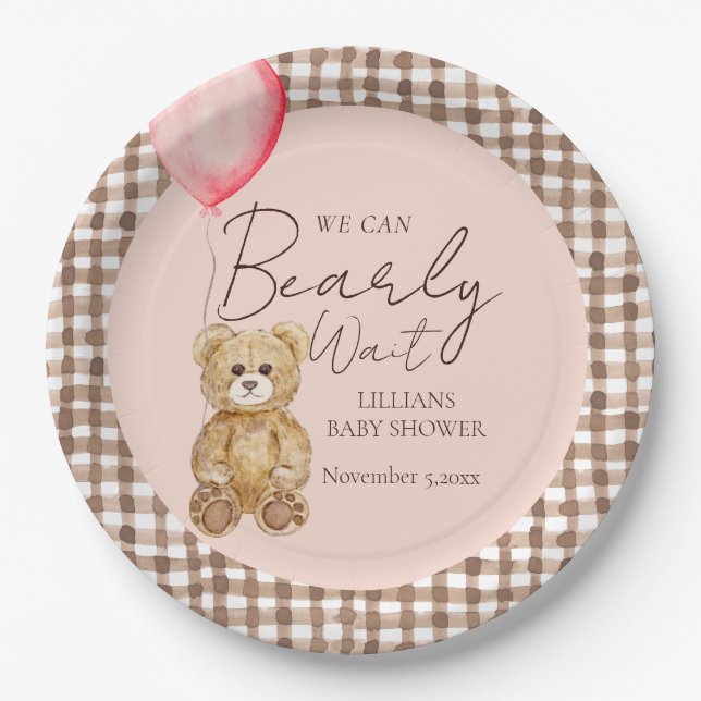 Blush Pink Bearly Wait Girl Baby Shower Paper Plates (Front)