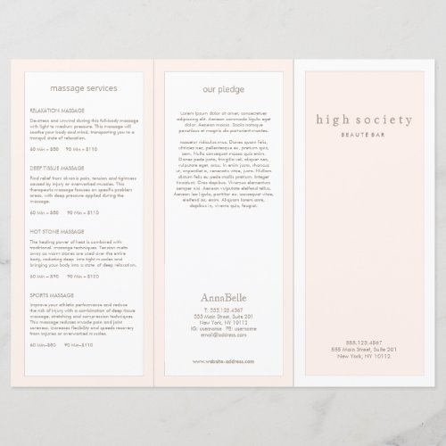 Blush Pink Beauty Hair Salon Spa TriFold Brochure