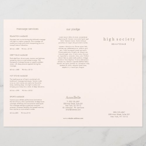 Blush Pink Beauty Hair Salon Spa TriFold Brochure