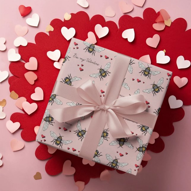 Blush Pink Bee Mine/Be My Valentine Bees & Hearts Wrapping Paper (Adorable & Trendy Honeybee Valentine's Day Wrapping Paper in Blush Pink. "Bee Mine/Bee My Valentine")