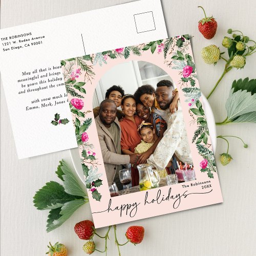 Blush Pink Berries Greenery Arch Happy Holidays Postcard