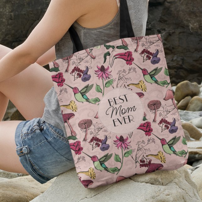 Blush Pink Best Mom Ever Photo Hummingbird Floral Crossbody Bag (FRONT: Best Mom Ever Hand-Drawn Hummingbird, Flowers & Mushrooms
BACK: Photo & 2 Personalized Texts.)