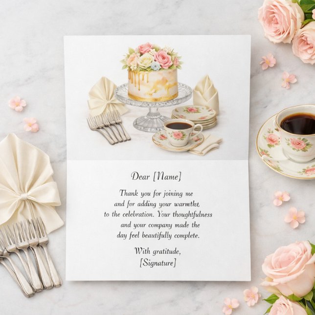 Blush Pink Birthday Cake Thank You Card   (Elegant Premium Thank You Card with Watercolor Cake & Coffee Artwork and Inside Message Template)