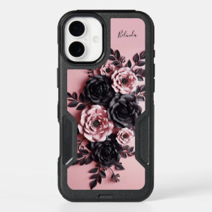 Blush Pink Black 3D Flowers Monogram iPhone 16 Mini Case
