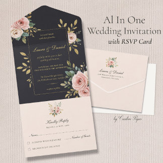 Blush Pink & Black All-In-One Wedding Invitation