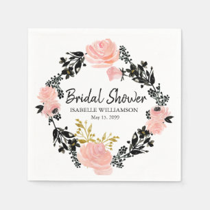 Blush Pink, Black and Gold Floral Bridal Shower Paper Napkins