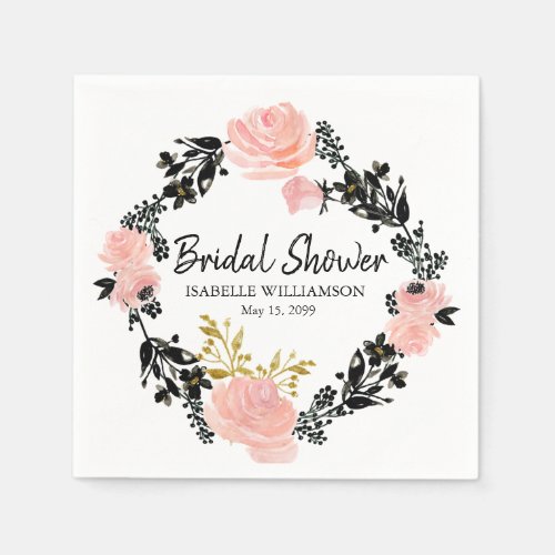 Blush Pink Black and Gold Floral Bridal Shower Paper Napkins