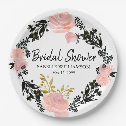 Blush Pink Black and Gold Floral Bridal Shower Paper Plates
