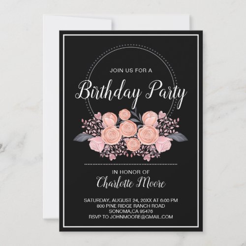 Blush Pink Black Birthday Party Invitation