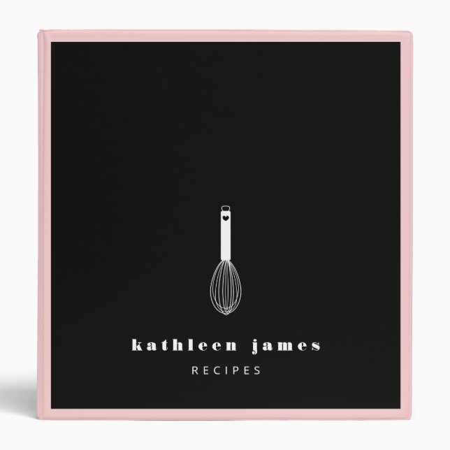 Blush Pink Black Cute Balloon Whisk Recipes 3 Ring Binder (Front)