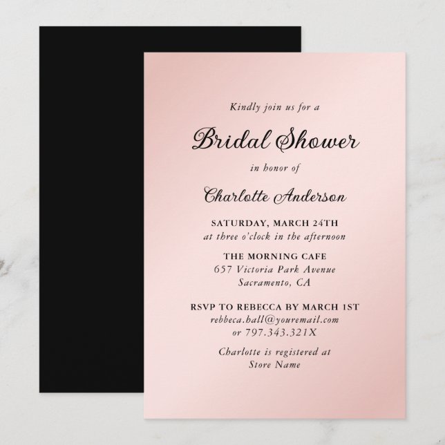 Blush Pink Black Elegant Minimalist Bridal Shower Invitation (Front/Back)