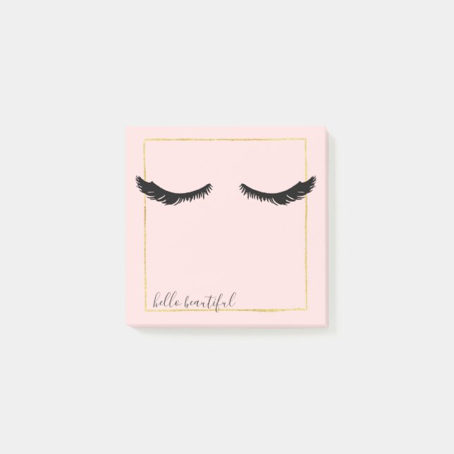 Blush Pink Black Eyelashes Glam Gold Square Post-it Notes (Front)