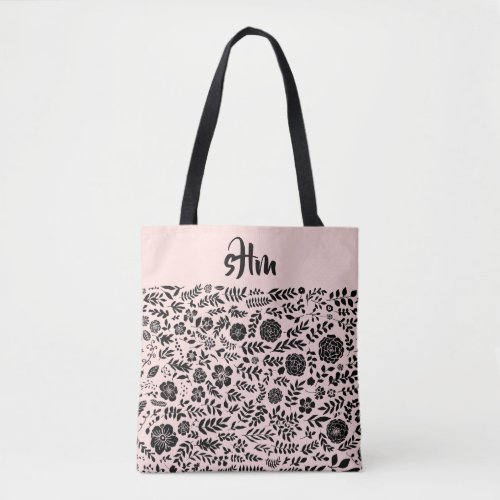 Blush Pink Black Floral Pattern Monogram  Tote Bag