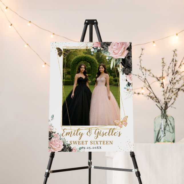 Blush Pink Black Floral Quinceanera Birthday Photo Foam Board (In Situ (Stand))