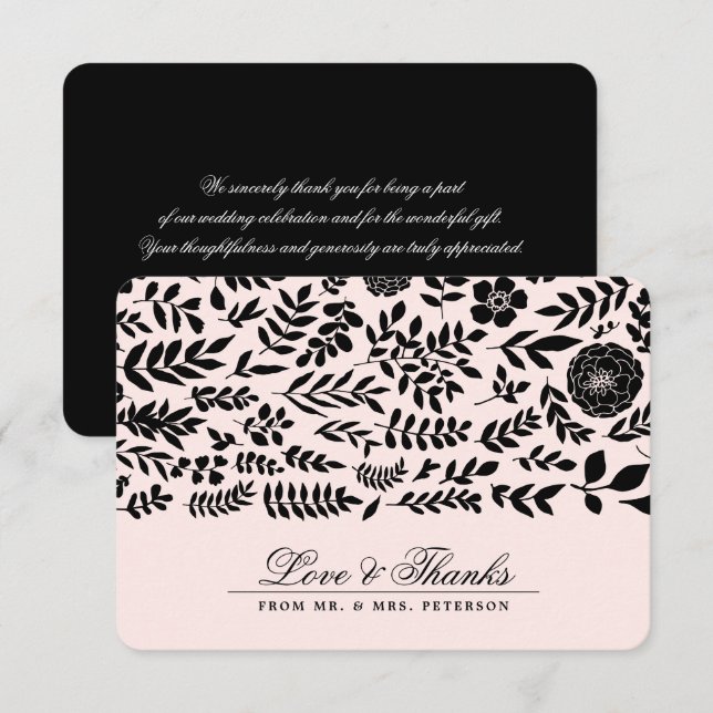 Blush Pink | Black Floral Thank You Wedding Cards (Front/Back)