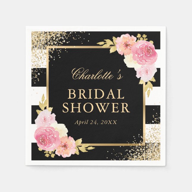 Blush Pink Black Gilded Floral Bridal Shower Napkins (Front)