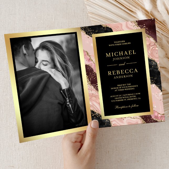 Blush Pink Black Gold Agate Marble QR Code Wedding Invitation (Creator Uploaded)