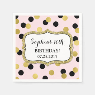 Blush Pink Black Gold Confetti Birthday Party Napkins