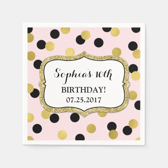 Blush Pink Black Gold Confetti Birthday Party Napkins (Front)