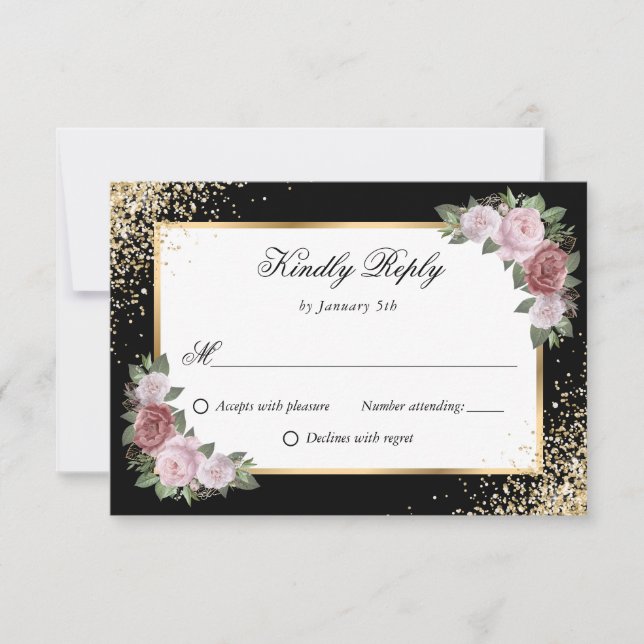 Blush Pink Black Gold Confetti Floral Wedding RSVP Card (Front)