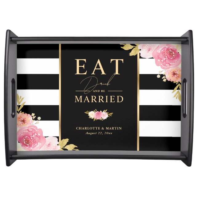 Blush Pink Black Gold Confetti Floral Wedding Serving Tray (Front)
